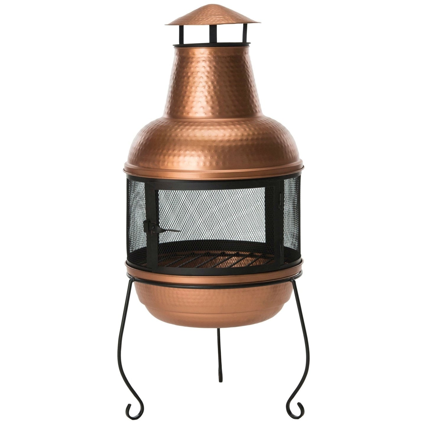 Pozo de fuego de chimenea de hierro y cobre martillado con soporte