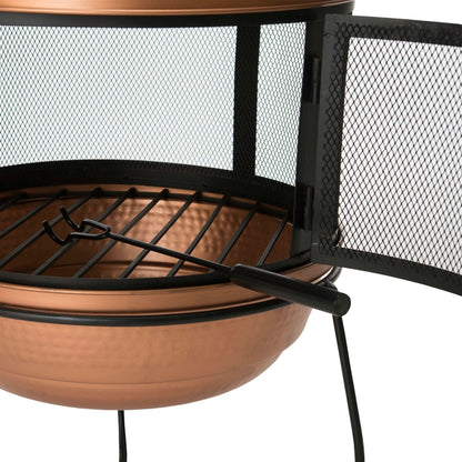 Pozo de fuego de chimenea de hierro y cobre martillado con soporte
