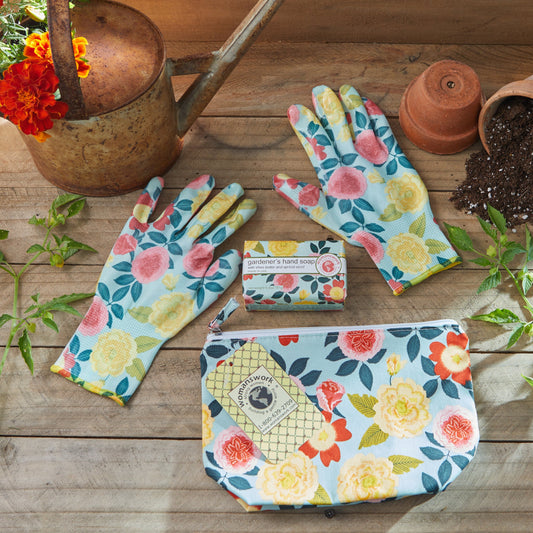 Garden and Lather Gift Set: floral gloves, rustic watering can, pots, Womanswork soap on Tampa Home & Garden Store