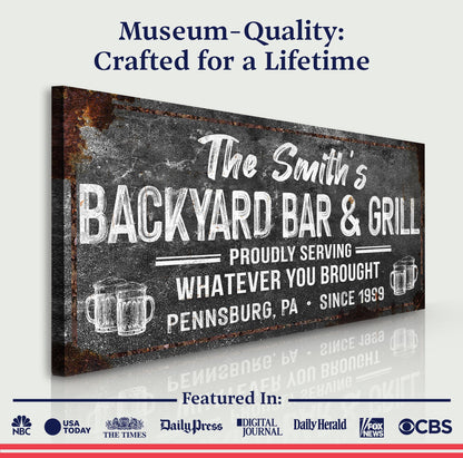 Backyard Bar & Grill Sign XXIII canvas craft print in distressed black with white lettering on Tampa Home & Garden Store