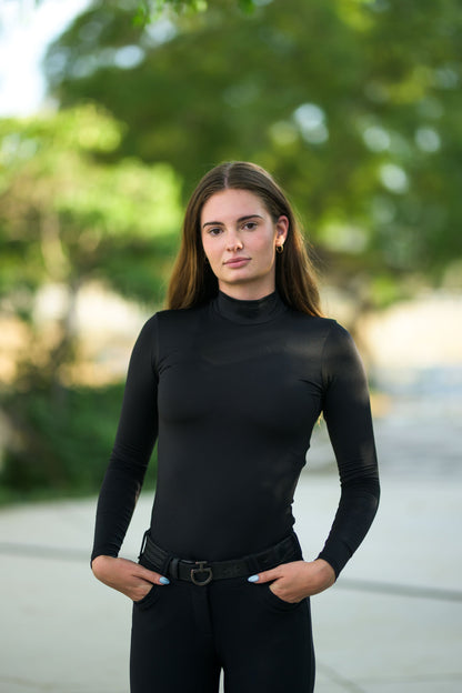 POPPI Equestrian Top black long-sleeve high-neck sun top for riding on Tampa Home & Garden Store