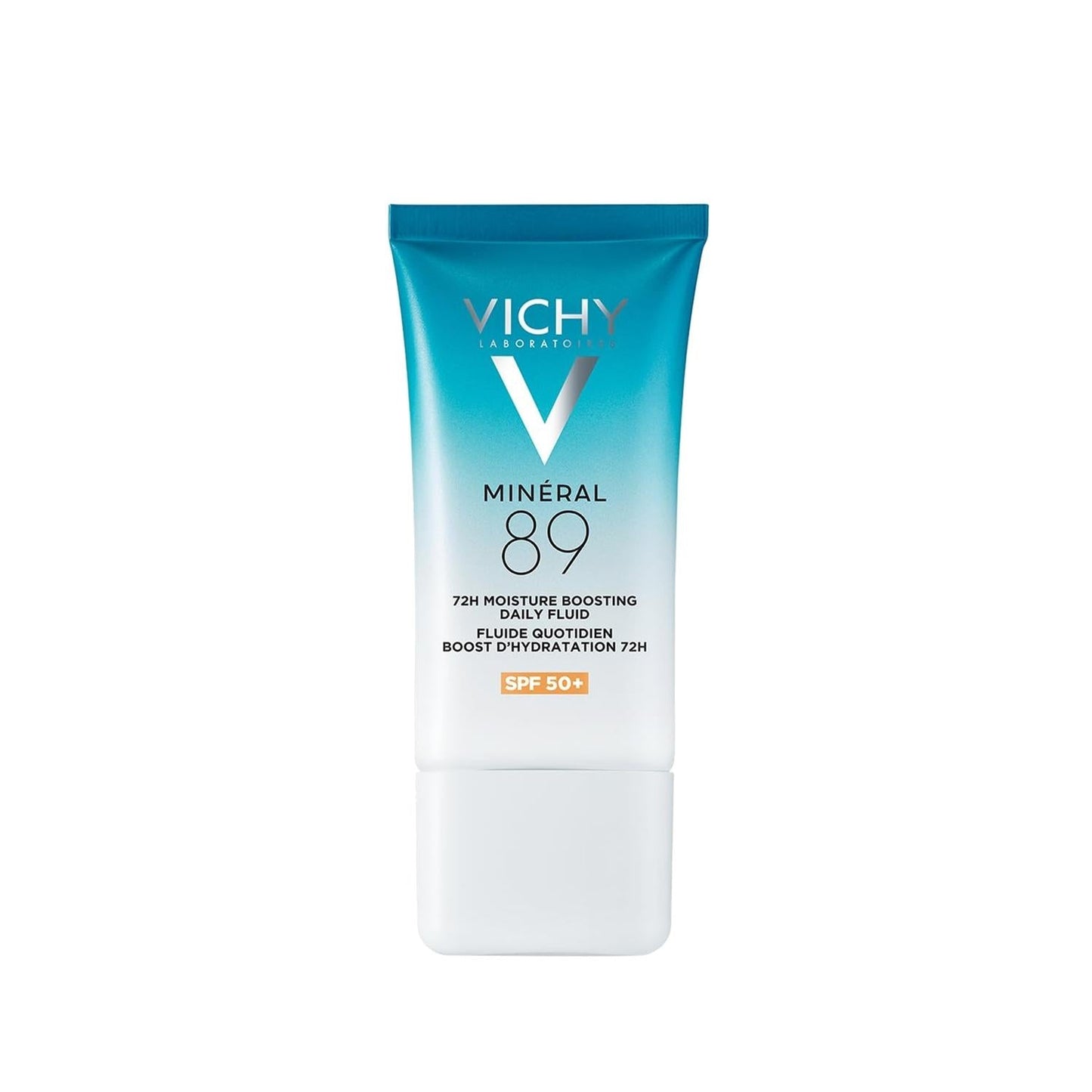 Vichy Mineral 89 sunscreen tube gradient teal to white SPF 50+, 72H moisture boosting fluid on Tampa Home & Garden Store
