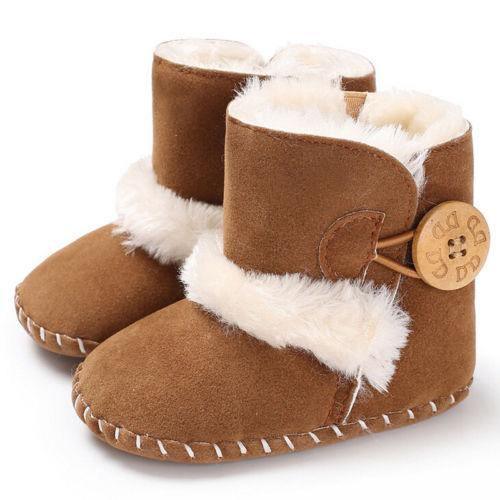 Baby snow boots Stevvex brown suede with white faux fur lining, stitched sole and wooden charm on Tampa Home & Garden Store