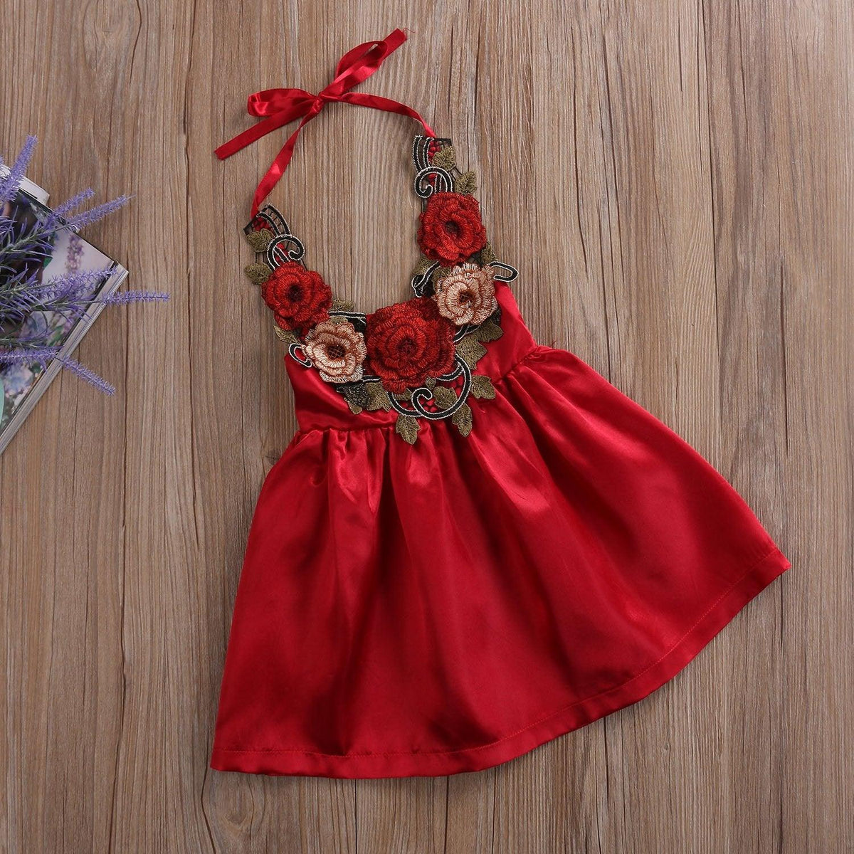 Stevvex red satin baby girl dress with 3D floral appliqué, halter neckline and full skirt on Tampa Home & Garden Store