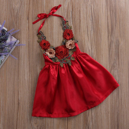 Stevvex red satin baby girl dress with 3D floral appliqué, halter neckline and full skirt on Tampa Home & Garden Store