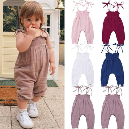 Stevvex baby sleeveless romper overalls in taupe; cotton one-piece with shoulder ties, six color options on Tampa Home & Garden Store