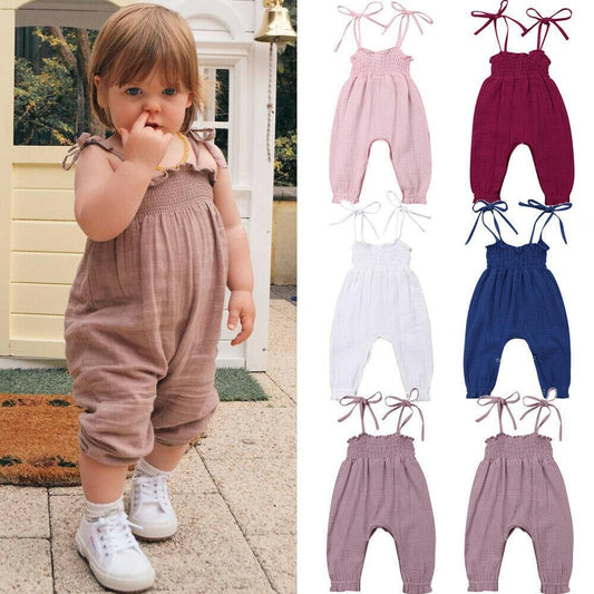 Stevvex baby sleeveless romper overalls in taupe; cotton one-piece with shoulder ties, six color options on Tampa Home & Garden Store