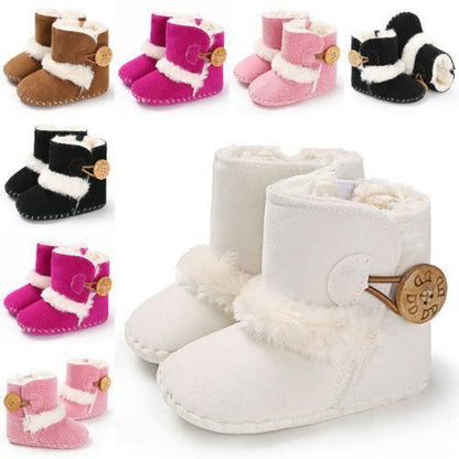 Stevvex newborn snow boots set with white fur trim and wooden toggle, in brown, pink and black on Tampa Home & Garden Store