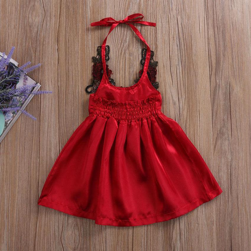Baby girl dress Stevvex red satin with black lace straps, smocked waist knee-length on Tampa Home & Garden Store