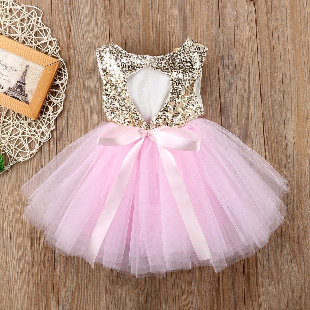 Baby dress Stevvex sleeveless gold sequin bodice with pink tulle skirt and satin bow on Tampa Home & Garden Store