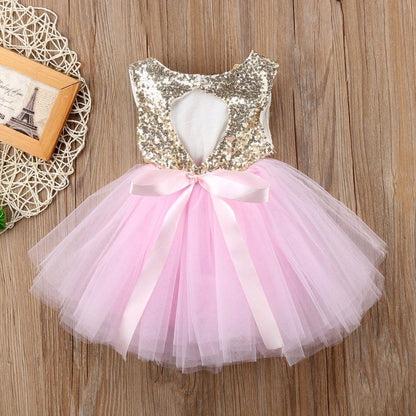 Baby dress Stevvex sleeveless gold sequin bodice with pink tulle skirt and satin bow on Tampa Home & Garden Store