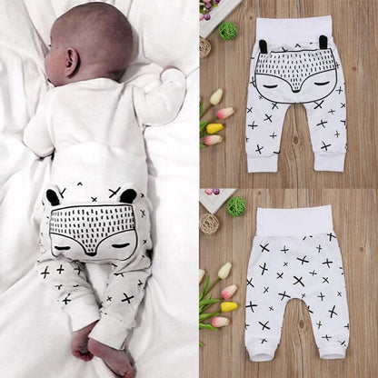 Stevvex baby pants 0-24M white long trousers with panda-face seat print and scattered cross motifs on Tampa Home & Garden Store