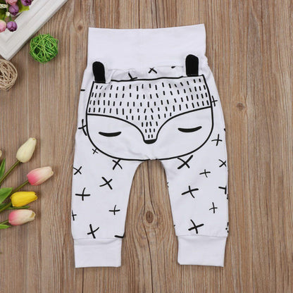 Stevvex baby pants 0-24M white with panda face print and cross pattern legs, ribbed cuffs on Tampa Home & Garden Store