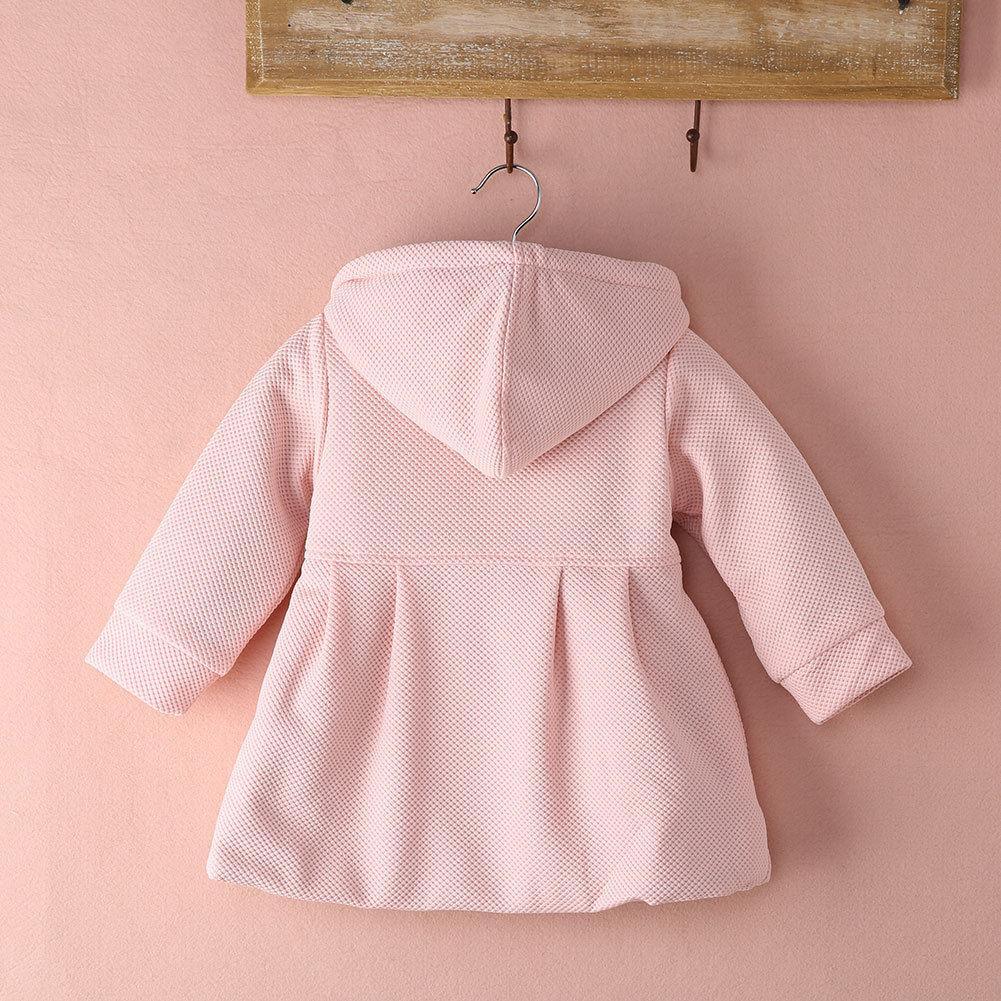 Stevvex pink toddler puffer coat with hood, textured dotted fabric, back view on hanger on Tampa Home & Garden Store