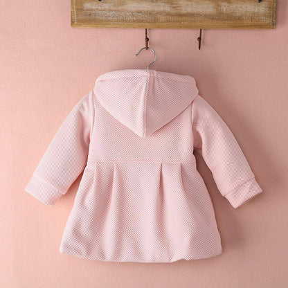 Stevvex pink toddler puffer coat with hood, textured dotted fabric, back view on hanger on Tampa Home & Garden Store