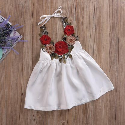 Stevvex baby girl dress halter neck white satin with red beige 3D floral lace applique on Tampa Home & Garden Store