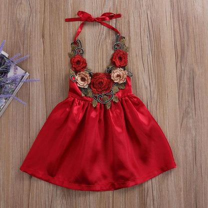 Stevvex baby girl red satin dress with 3D floral applique neckline halter ties for 0-5Y on Tampa Home & Garden Store