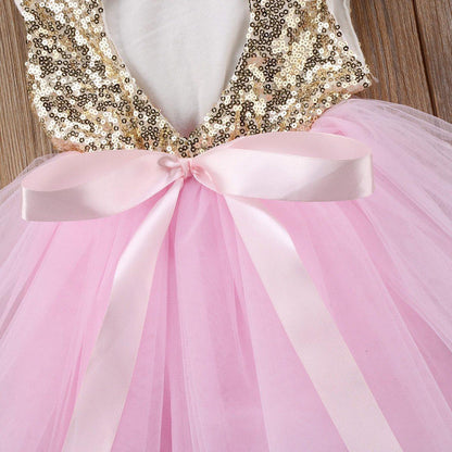 Stevvex baby dress with sleeveless gold sequin bodice and pink tulle skirt, pink satin bow on Tampa Home & Garden Store