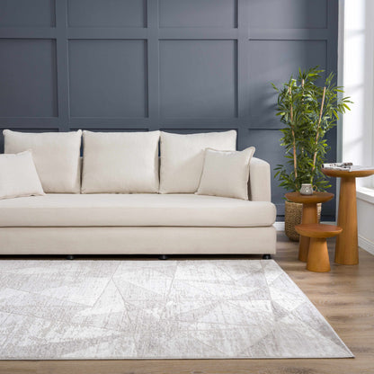 Basia Area Rug in soft beige with a subtle textured pattern, shown in a modern living room on Tampa Home & Garden Store