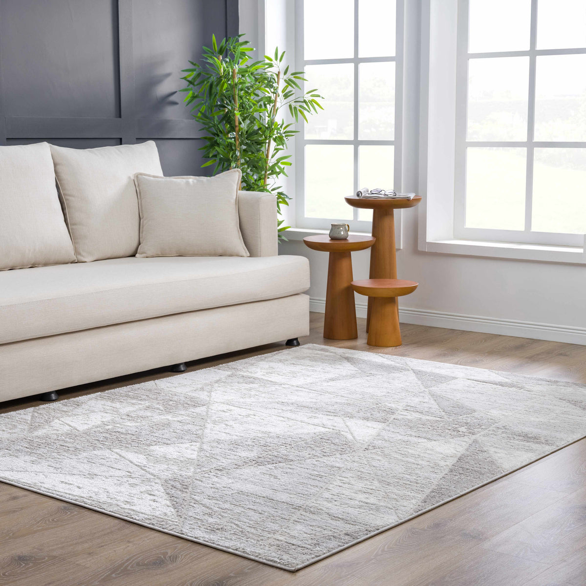Basia Area Rug by Boutique Rugs in soft beige with subtle texture in a bright living room on Tampa Home & Garden Store