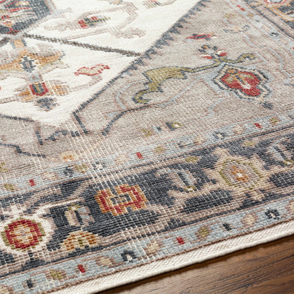 Halayhayin Premium Rug by Boutique Rugs in ivory beige muted blue geometric motif on Tampa Home & Garden Store