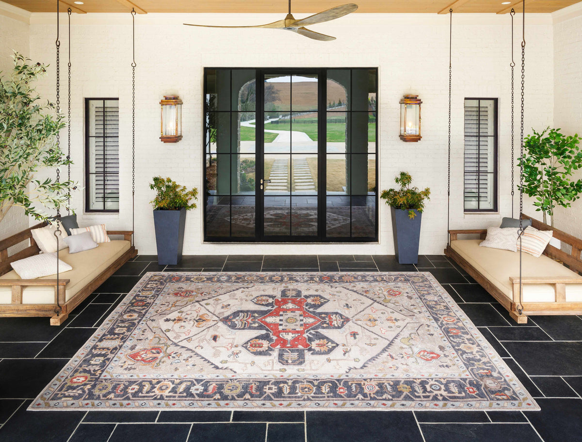 Halayhayin Premium Rug Clearance by Boutique Rugs, traditional red blue beige rug on black tile on Tampa Home & Garden Store