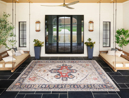 Halayhayin Premium Rug Clearance by Boutique Rugs, traditional red blue beige rug on black tile on Tampa Home & Garden Store