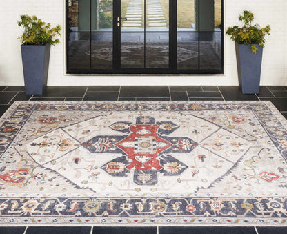 Halayhayin Premium Rug by Boutique Rugs, ivory ornate rug with blue and red accents on Tampa Home & Garden Store