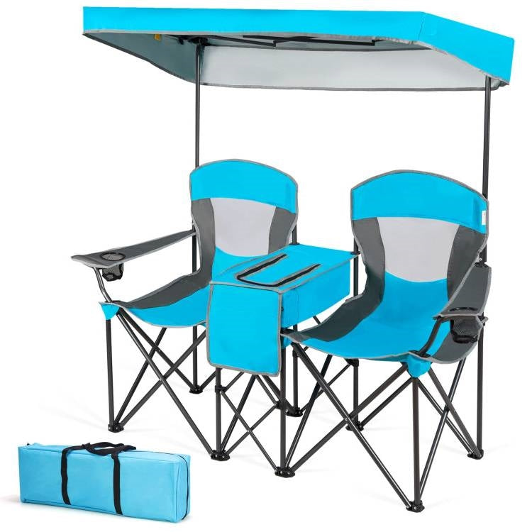 Juego de 2 sillas plegables con toldo en azul claro, con portavasos y bolsillo de almacenamiento