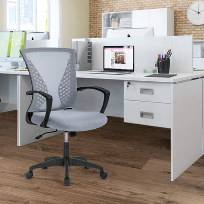 Silla de escritorio ergonómica moderna de malla gris de respaldo medio con reposabrazos y ruedas