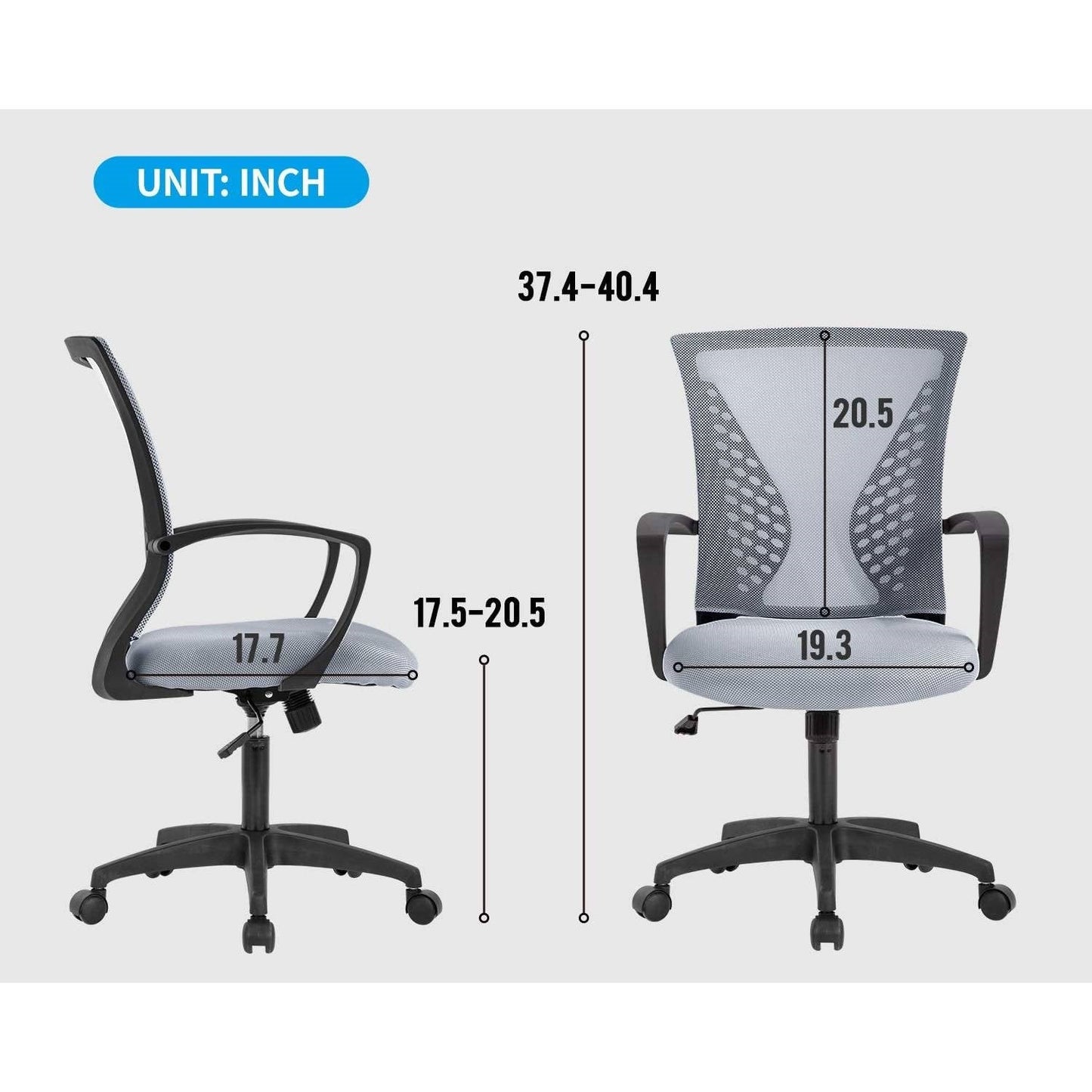 Silla de escritorio ergonómica moderna de malla gris de respaldo medio con reposabrazos y ruedas