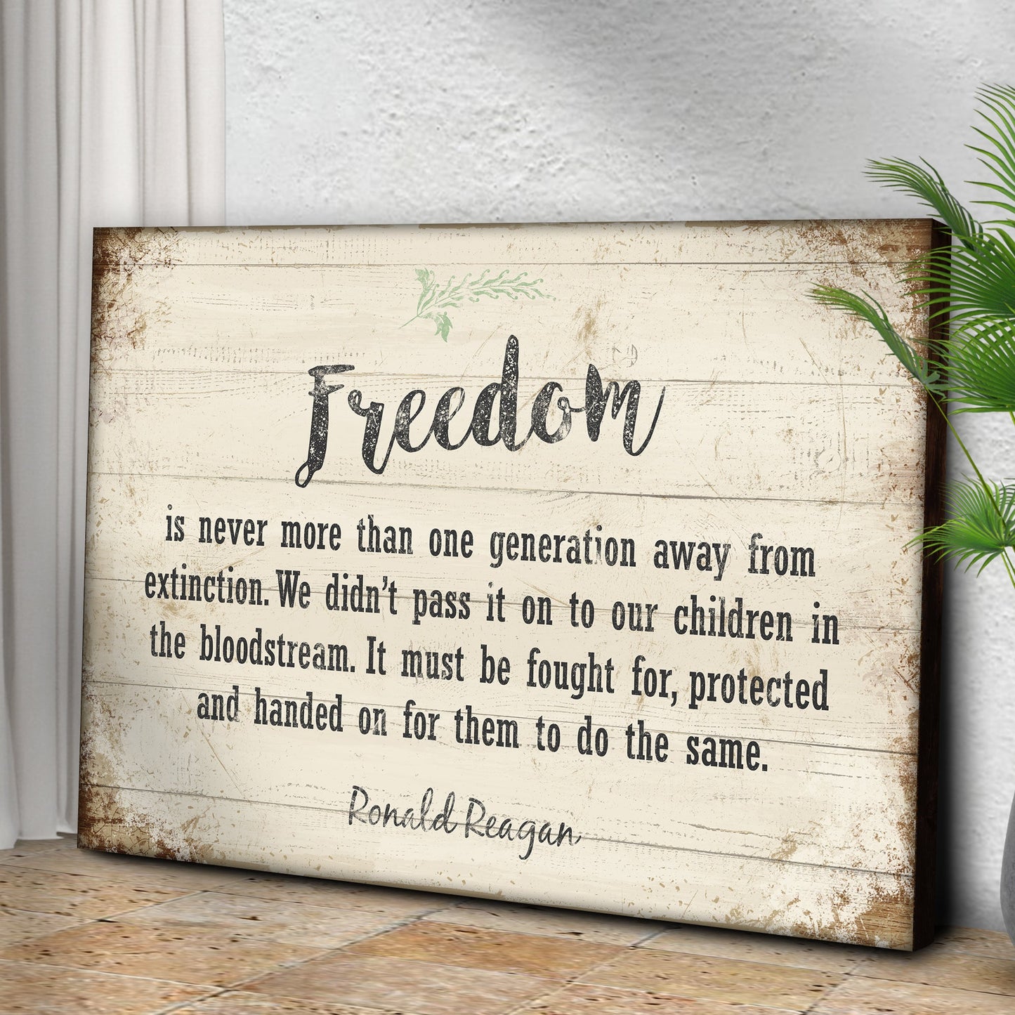 Freedom By Ronald Reagan Sign II canvas with distressed backdrop and bold black freedom script on Tampa Home & Garden Store