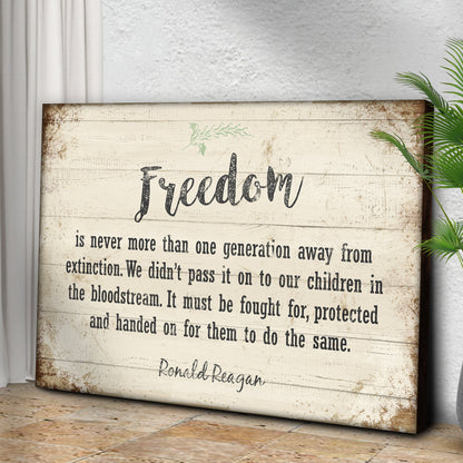 Freedom By Ronald Reagan Sign II canvas with distressed backdrop and bold black freedom script on Tampa Home & Garden Store