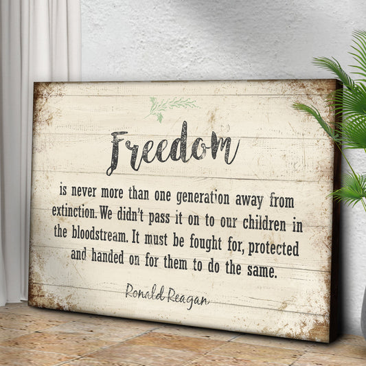 Freedom By Ronald Reagan Sign II canvas with distressed backdrop and bold black freedom script on Tampa Home & Garden Store