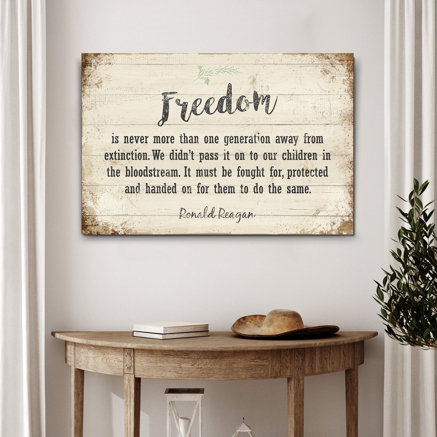 Freedom By Ronald Reagan Sign II canvas with rustic distressed wood background and Reagan quote on Tampa Home & Garden Store