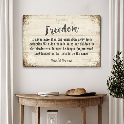 Freedom By Ronald Reagan Sign II canvas with rustic distressed wood background and Reagan quote on Tampa Home & Garden Store