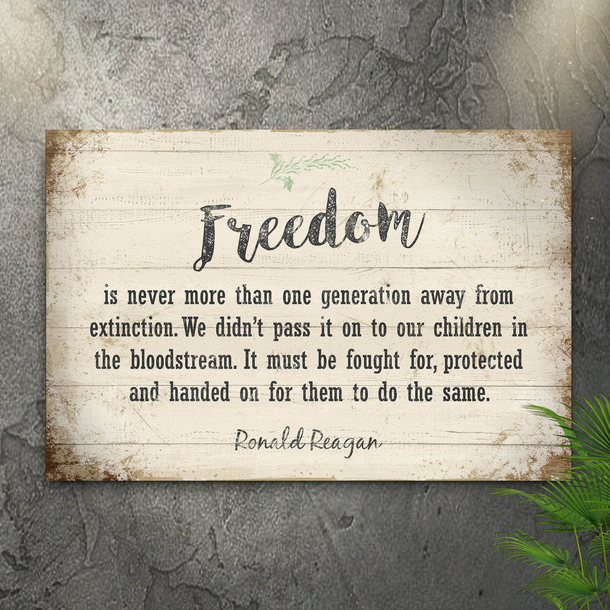 Freedom by Ronald Reagan Sign II canvas with distressed white wood panel and script Freedom on Tampa Home & Garden Store