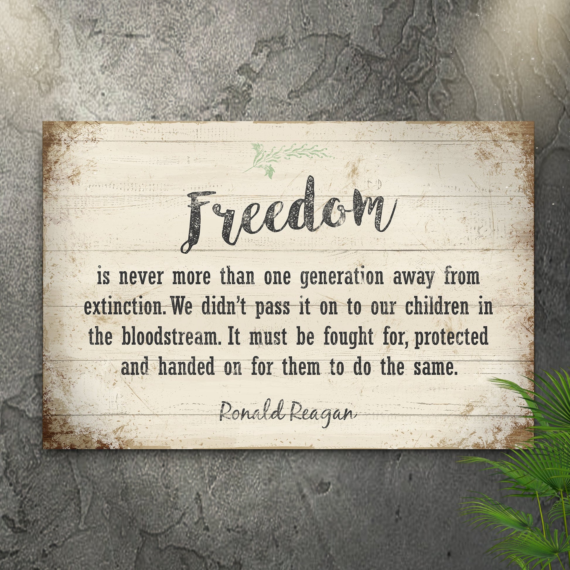 Freedom by Ronald Reagan Sign II canvas with distressed white wood panel and script Freedom on Tampa Home & Garden Store
