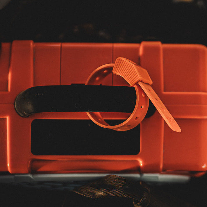 Gear Straps 12-Inch Hoss Straps orange strap secured around toolbox handle on Tampa Home & Garden Store