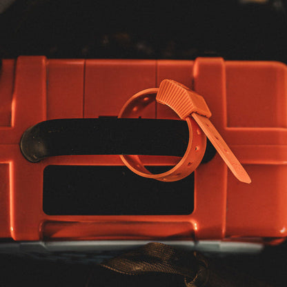 Gear Straps 12-Inch Hoss Straps orange strap secured around toolbox handle on Tampa Home & Garden Store