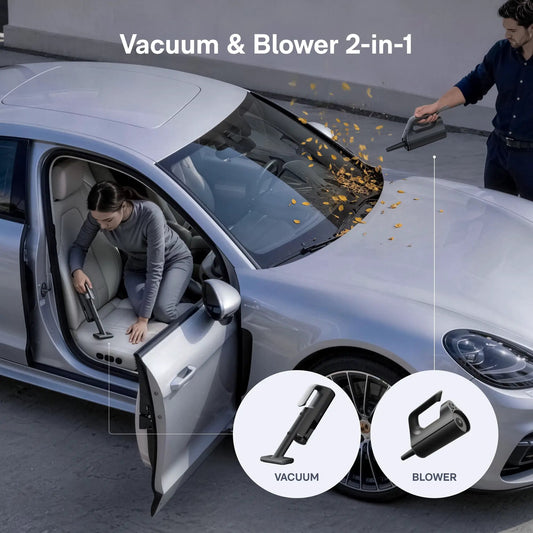 HOTO BlowVac handheld vacuum in gray cordless 2-in-1 vacuum and blower used inside a car on Tampa Home & Garden Store