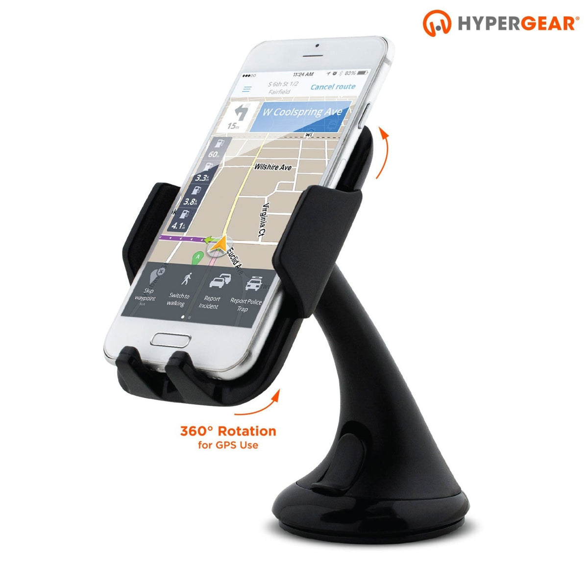 Universal Car Mount for GPS, black cradle holds a white phone with map, 360° rotation on Tampa Home & Garden Store