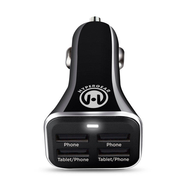 Quad USB 6.8A car charger by HyperGear, black with silver trim, four USB ports for phone/tablet on Tampa Home & Garden Store