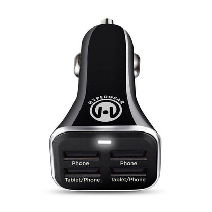 Quad USB 6.8A car charger by HyperGear, black with silver trim, four USB ports for phone/tablet on Tampa Home & Garden Store