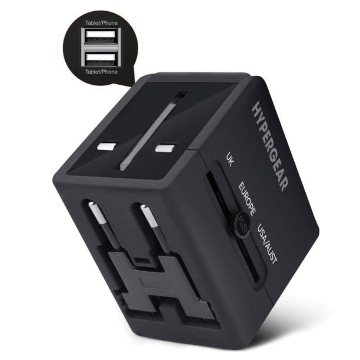 All-in-one World Travel Adapter black dual USB ports and universal plugs, Best Product Finds on Tampa Home & Garden Store