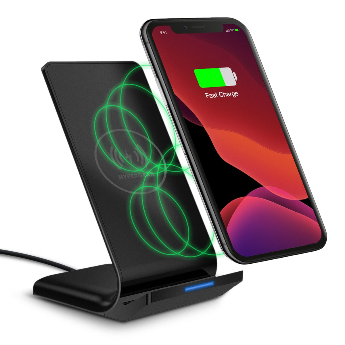 Wireless Fast Charging Stand in black powering two smartphones, front iPhone shows Fast Charge on Tampa Home & Garden Store