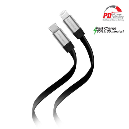Two black Flexi USB-C to Lightning flat cables with silver connectors, 6ft, Best Product Finds on Tampa Home & Garden Store