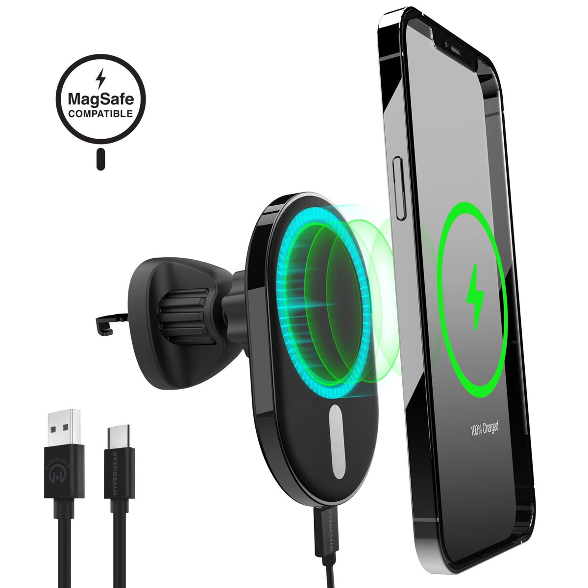 MagVent wireless car mount for iPhone 13, black, MagSafe compatible, USB-C cables on Tampa Home & Garden Store