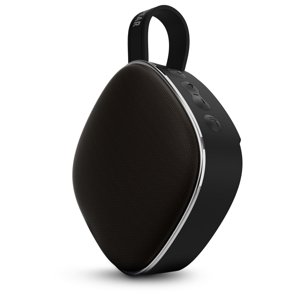 Fabrix Mini Wireless Speaker, black fabric grille with silver rim, side control buttons on Tampa Home & Garden Store