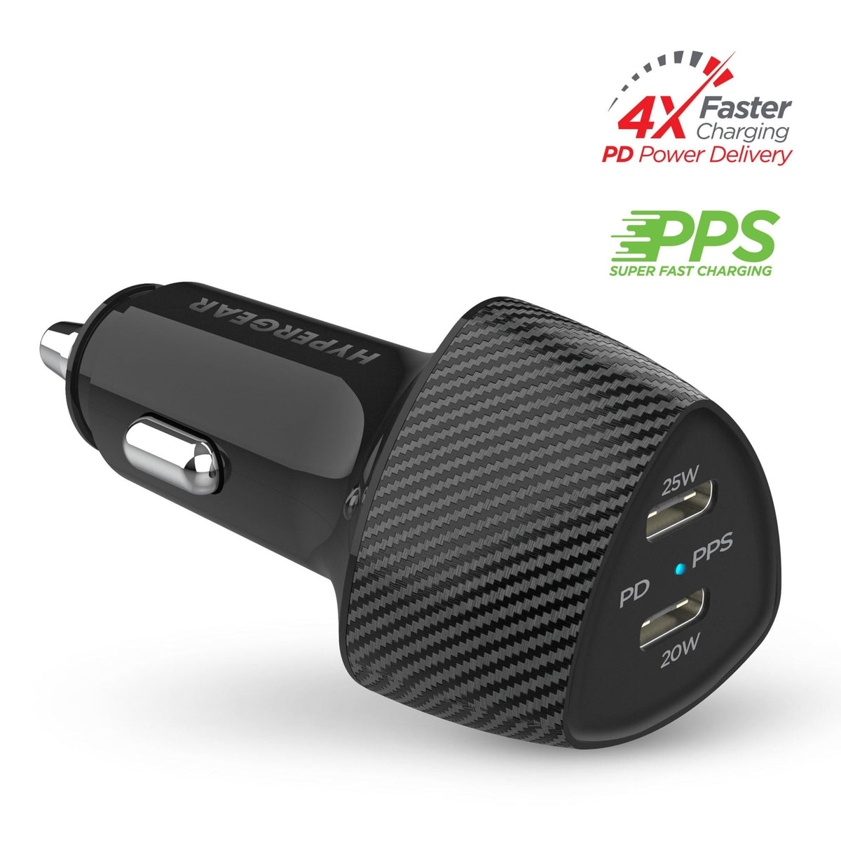 SpeedBoost 45W PD dual output car charger in carbon fiber shell with 2 ports (25W + 20W) on Tampa Home & Garden Store